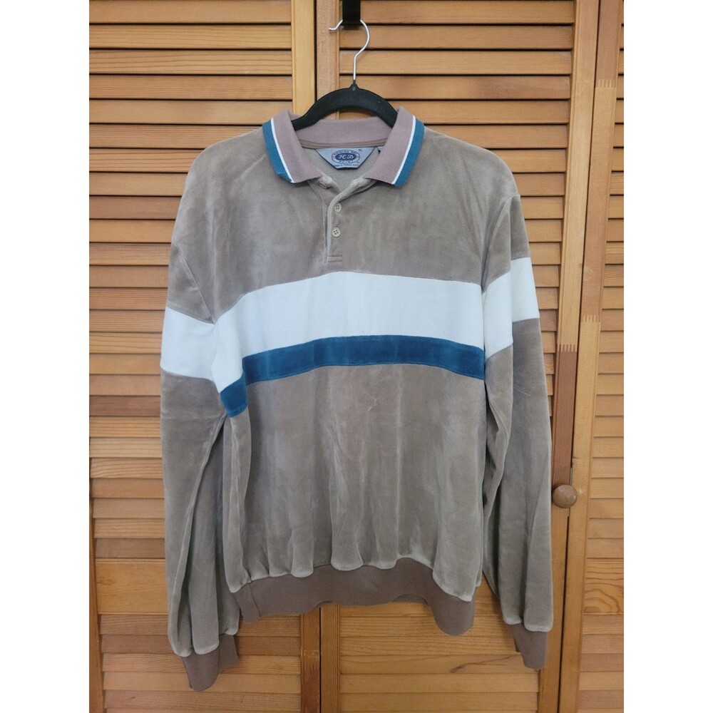Vintage 70s 80s Men's Velour Brown Long Sleeved Polo Size XL Throwback